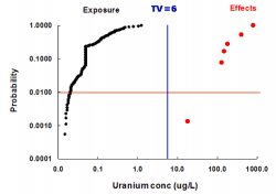 Cumulative probabily for exposure to uranium in Magela Ck, downstream of Ranger mine and for potential effects (No-Observed-Effect-Concentration) of uranium on six species of native aquatic fauna (from ecotoxicological studies). TV = monitoring trigger value for uranium in Magela Ck.