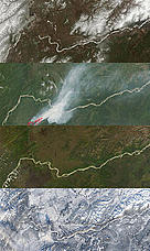 Satellite maps showing of Koyukuk River, Alaska showing the four seasons. / ©: MODIS Instrument on the Terra Satellite operated by NASA