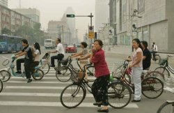 Tianjin: commuters resting at a traffic light [Credit: Saurabh Das/AP]